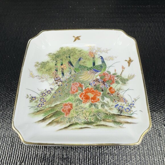 Vintage Otagiri OMC Oriental Square Dish Plate Trinket Holder Peacock Floral VTG - Picture 11 of 11